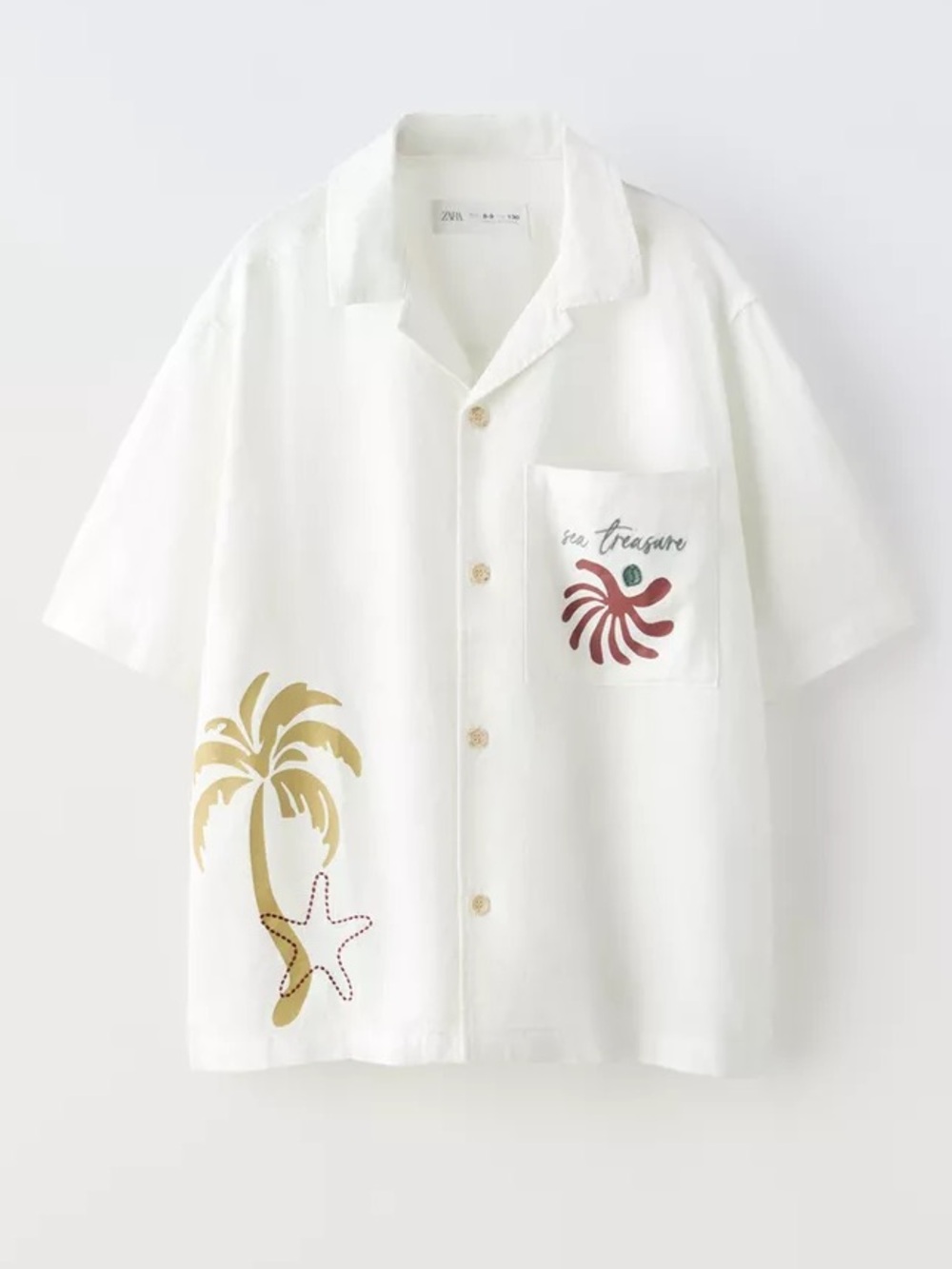 Zara Kids White Linen Blend Palm Tree & Sea Treasure Graphic Short Sleeve Shirt